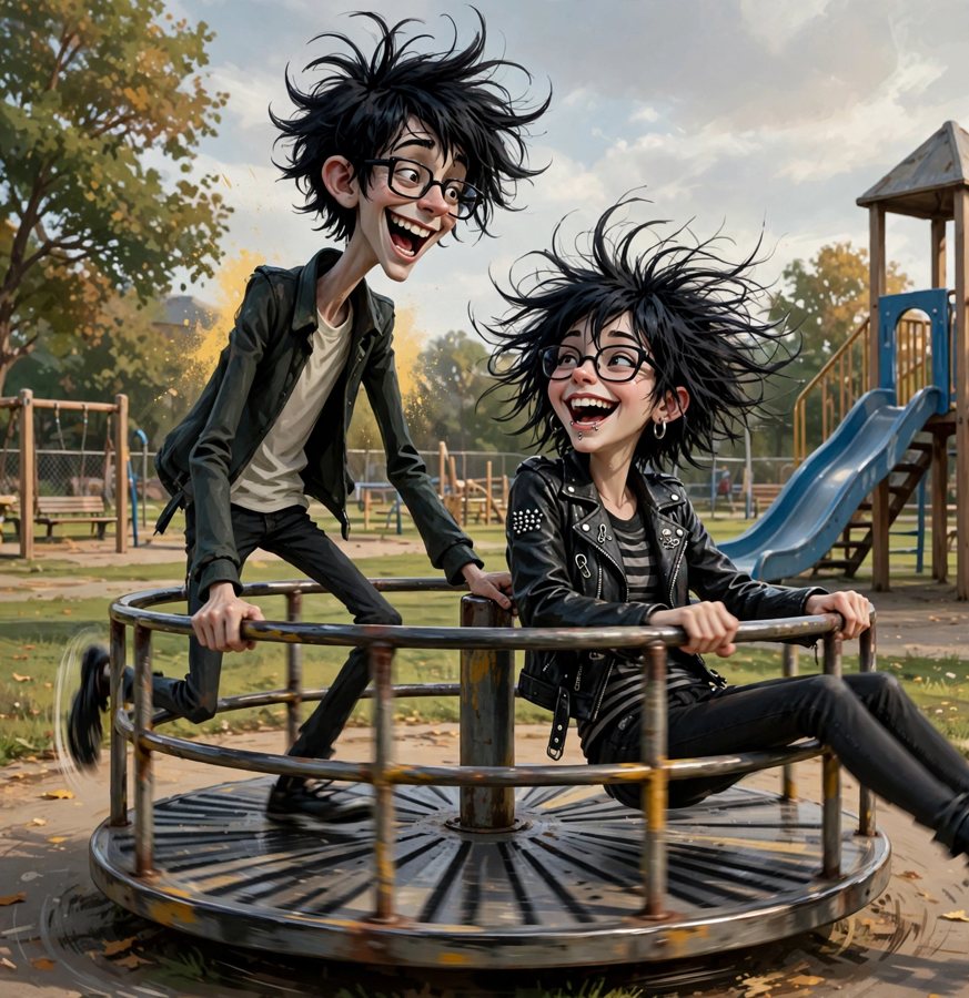 Spindly, tall and lanky, pushing Jilly on a park merry-go-round — Jilly is his punk-rocker doppelganger with purple-streaked hair and a pink studded jacket, laughing