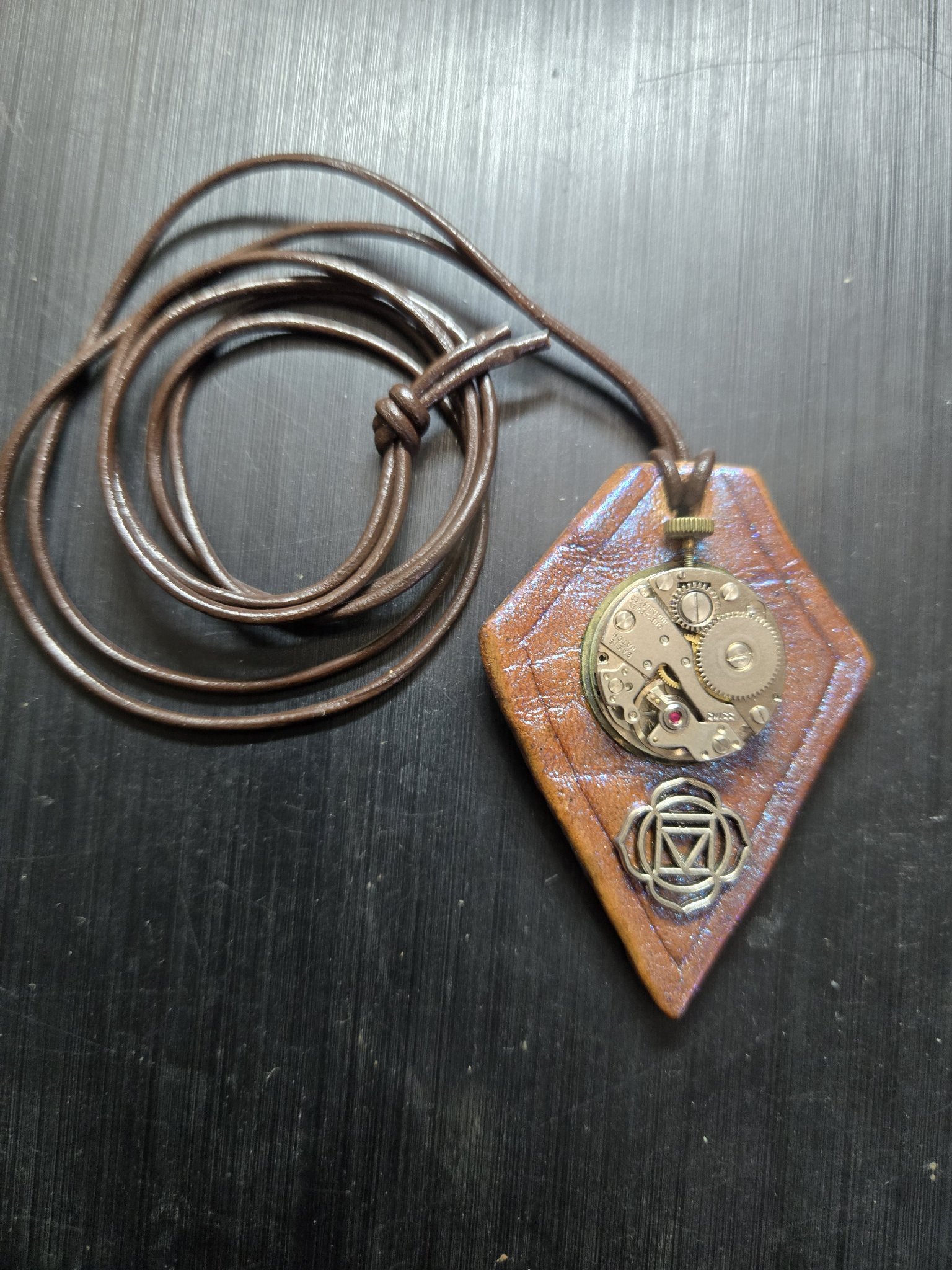 Alternate view of stock 158 with its 32-inch brown leather cord necklace